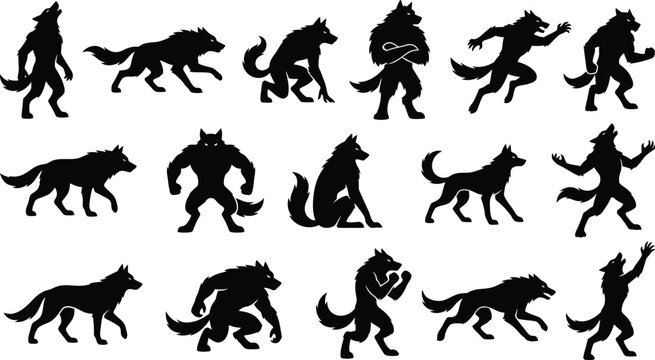 Silhouette of werewolves and wolves in various poses for Halloween designs and horror themes