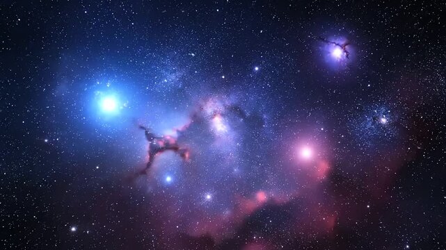 A dreamy space scene of dark blues, purples, and pinks, stars, and nebulous clouds
