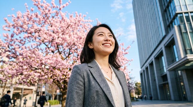 Professional young asian woman in a grey blazer smiles brightly while standing outdoors near beautiful blooming cherry blossom trees during a sunny spring work day afternoon