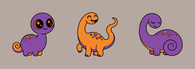 Fototapeta premium Three cute baby purple and orange dinosaurs with varying expressions cartoon illustration set.