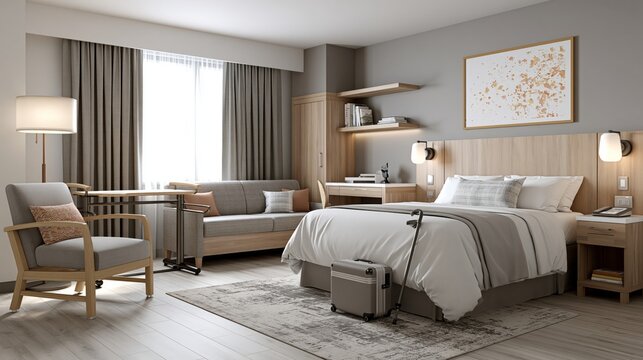 Accessible hotel room interior with suitcase and folding cane by bed