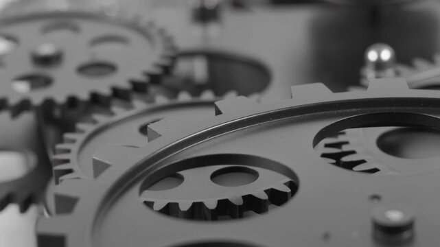 Close up shot of black metal gears and cogs meshing together. Perfect for industrial machinery, engineering, manufacturing, and technology concept videos.