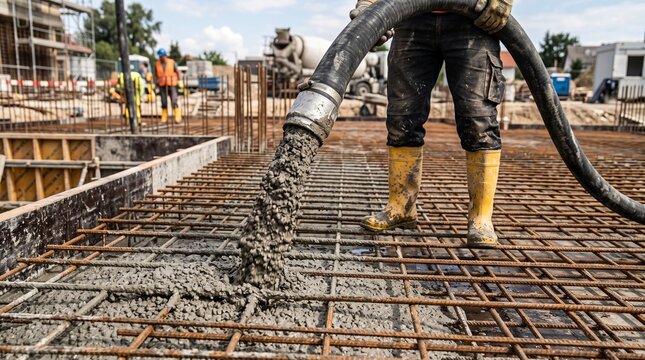 Construction worker wearing yellow boots pouring wet gray cement from a heavy industrial hose onto a steel reinforcement grid at an active building site outdoors today