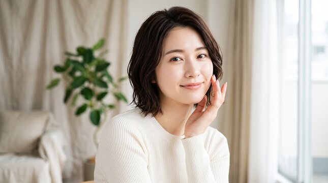 Young japanese woman with short brown hair touching her healthy glowing face while wearing a comfortable white ribbed sweater in a bright and airy home setting