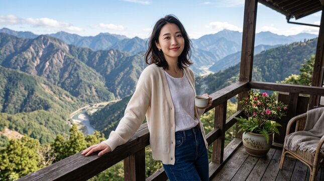 Happy young asian woman holding a steaming ceramic cup of coffee while standing on a wooden balcony overlooking beautiful majestic green mountains under bright daylight
