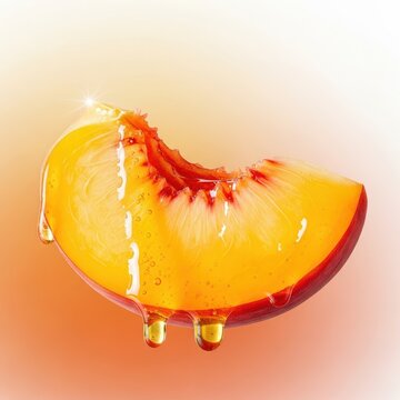 A luscious ripe peach slice overflows with golden glistening nectar against a soft background, showcasing sticky sweet drops and fresh pulp, nectar, summer, vibrant