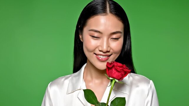 Beautiful young Asian woman smiling and smelling a red rose flower