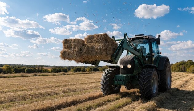 Medium shot of a farm tractor with a front loader lifting fresh hay bales along the edge of a sunny hayfield highlighting rural agricultural activity.
