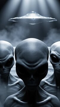 Three gray alien figures standing under a hovering glowing spaceship saucer