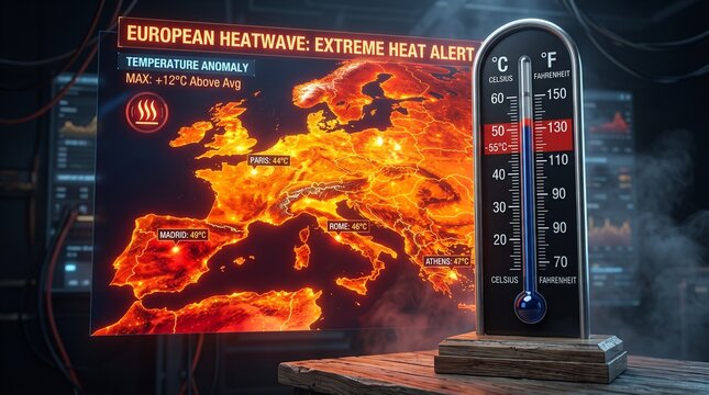 Digital weather map showing a severe european heatwave with an analog thermometer displaying extremely high temperatures on a wooden table in a dark high tech room