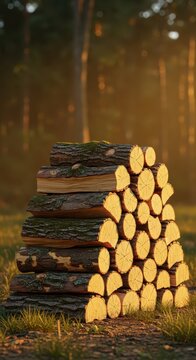 A rustic stack of split logs sits neatly in a peaceful forest clearing, showcasing natural bark textures, moss growth, and golden light, cut, raw, woodland