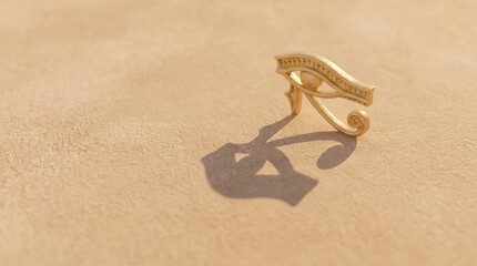 Fototapeta premium Golden Egyptian Eye of Horus symbol resting on a sandy surface
