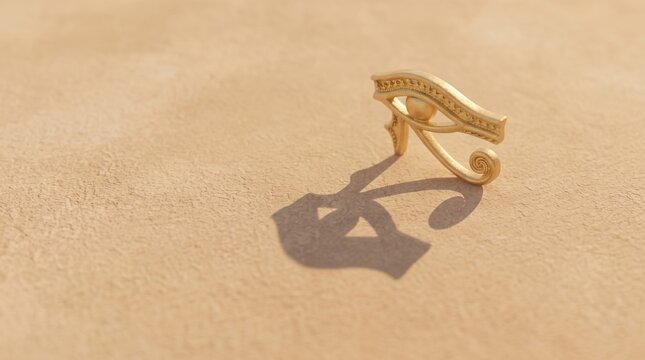 Golden Egyptian Eye of Horus symbol resting on a sandy surface