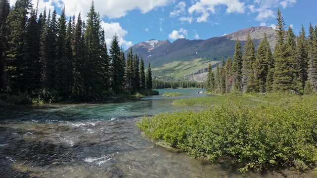 Video of Swiftcurrent Creek flowing through evergreens and rocky mountains in Many Glacier, Montana, USA. July 4, 2024. 