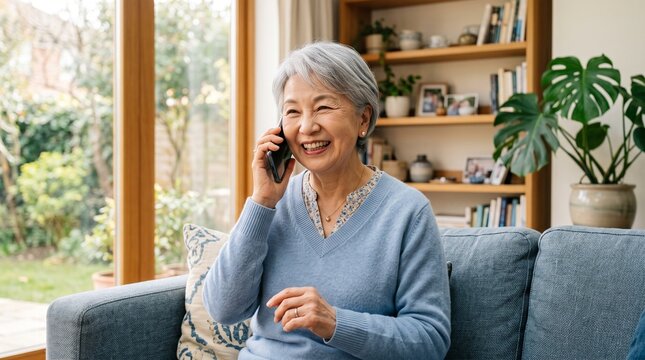 Cheerful elderly asian woman with short grey hair laughing while talking on her mobile phone inside her comfortable living room during a bright sunny afternoon session