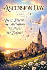 Beautiful ascension day greeting with church landscape sunrise and flying doves inspiration