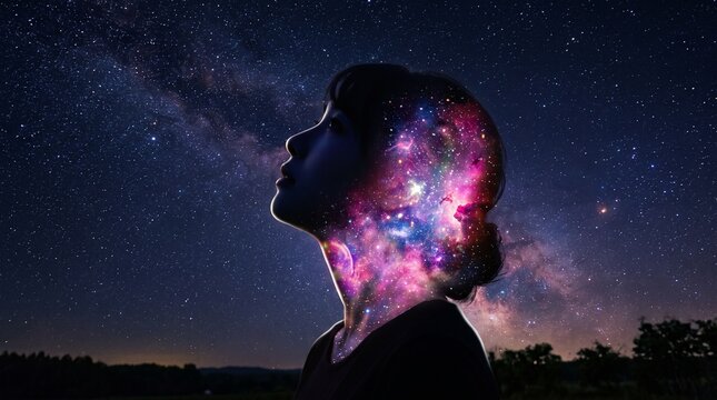 Silhouette of a young woman with a vibrant glowing nebula inside her head looking up towards the vast dark starry night sky filled with bright constellations.