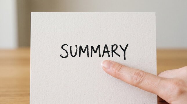 Close up view of a human finger pointing at the word summary printed in bold black ink on a textured white paper card held steady
