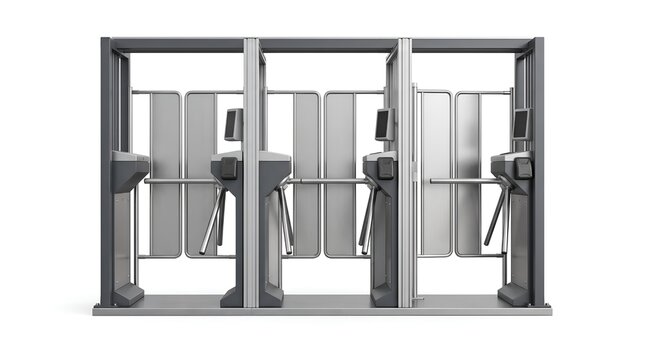 Modern electronic turnstiles for access control and security management.