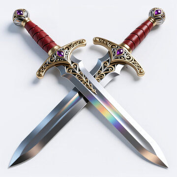 Silver daggers intertwined, adorned with gold filigree, red leather handles, and purple jewels against a stark white background, showcasing luxurious texture and intricate detailing.