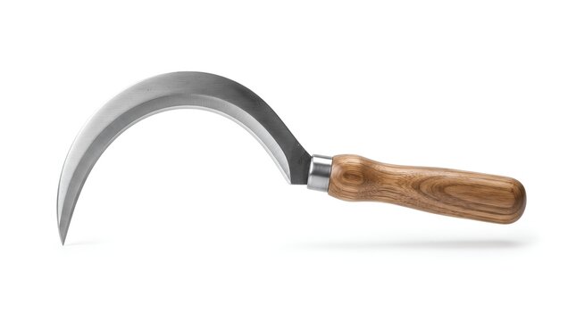 Traditional metal sickle with wooden handle isolated on white background.