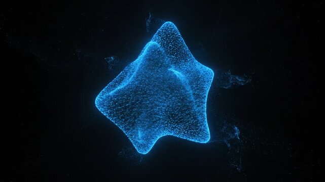 A glowing blue nebulous shape surrounded by dark space and scattered particles