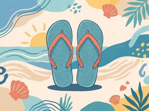 Pair of blue flip flops on summer beach sand illustration