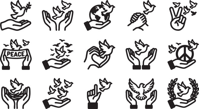 International peace day icons set with dove and hands in linear style.