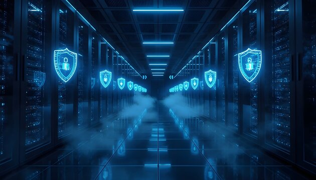 Secure server room corridor with glowing digital shield icons representing data protection and cyber security network