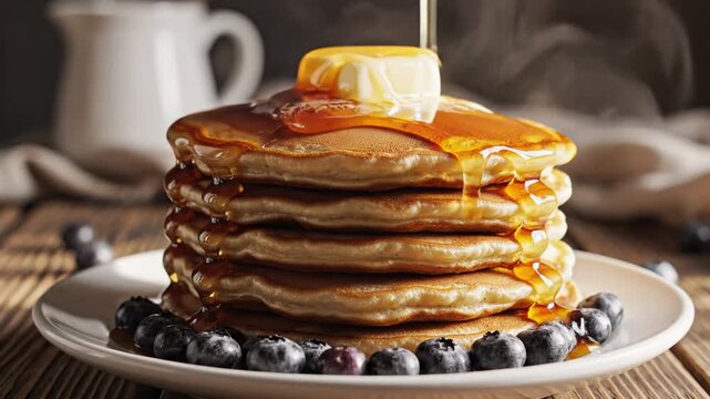 Maple syrup pouring over a stack of warm pancakes with butter and berries