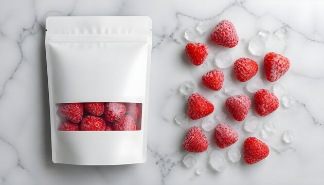 Top view of blank white plastic zipper pouch package next to frozen strawberries with ice cubes on white marble background