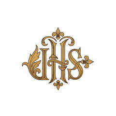 Elegant Gold Monogram IHS with Ornate Floral Design. © Joi