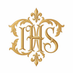 Elegant Gold Monogram IHS with Ornate Floral Design. © Joi