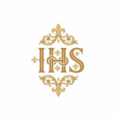 Elegant Gold Monogram IHS with Ornate Floral Design. © Joi