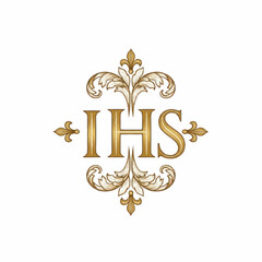 Elegant Gold Monogram IHS with Ornate Floral Design. © Joi