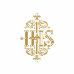 Ornate Golden Monogram IHS with Religious Symbols. © Joi