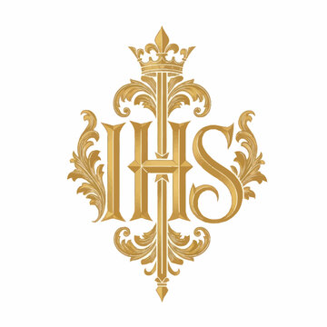 Ornate Golden Monogram IHS with Crown and Floral Design.