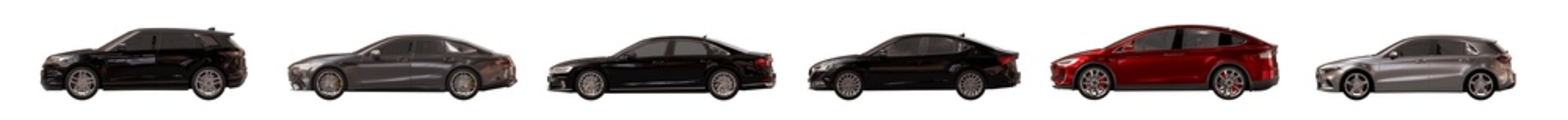side view of unbranded modern cars in parking lot lighting isolated png on a transparent background premium cutout (car cutouts, automotive assets)