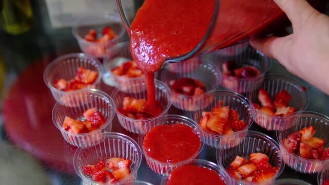 Homemade strawberry puree poured into small plastic containers for freezing and meal prep. pie filling or winter food preparation. Close-up of simple kitchen meal prep with fresh berries.