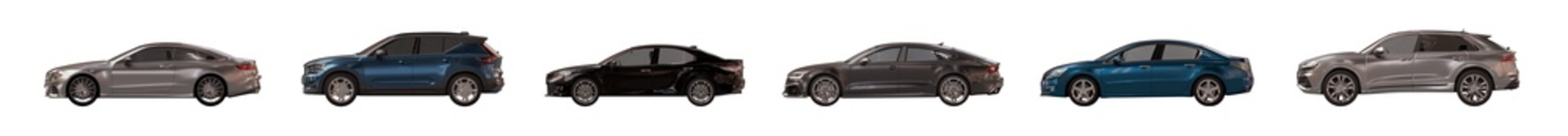 side view of unbranded modern cars in parking lot lighting isolated png on a transparent background premium cutout (car cutouts, automotive assets)