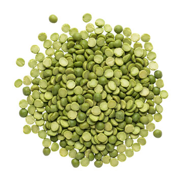 A scattered pile of dry green split peas with natural textures and subtle vibrant hues arranged on a pristine transparent background clean culinary concept