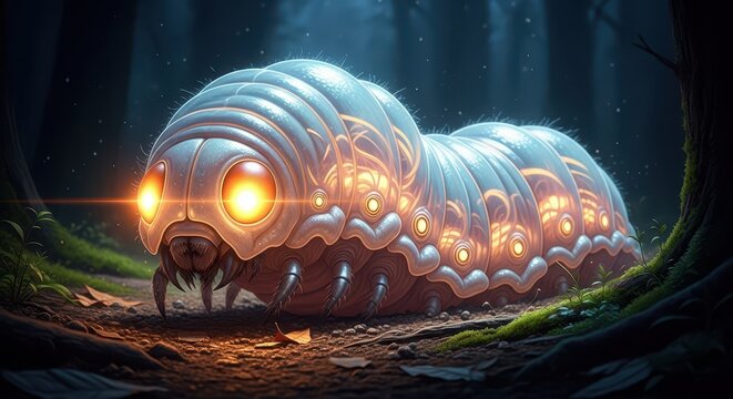 A colossal bioluminescent larva beast emerges from damp forest soil, showcasing translucent skin, a segmented body, and glowing amber eyes, larva, wild, bioluminescent