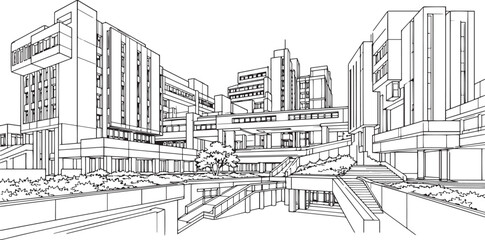 Obraz premium City landscape. Line urban backdrop, different buildings on street, doodle street draw, outline cityscape hand sketch, flat houses. Hand drawn vector illustration