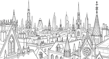 Obraz premium City landscape. Line urban backdrop, different buildings on street, doodle street draw, outline cityscape hand sketch, flat houses. Hand drawn vector illustration