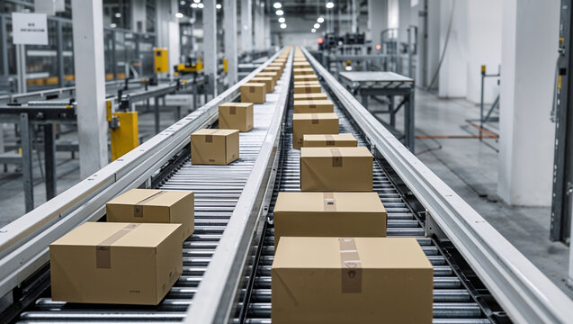 Automated conveyor belt system moving cardboard boxes in a modern warehouse