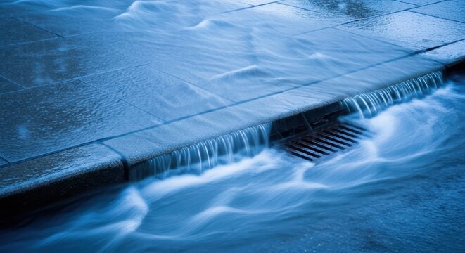 Heavy downpour creates a fast-moving, temporary river flowing swiftly over the gray urban pavement and street curb toward a drain, flowing, rain, curb