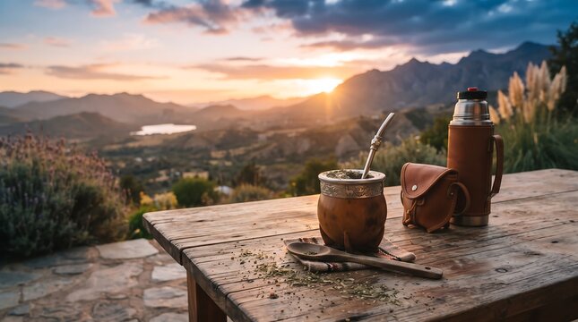 A rustic wooden table set for a refreshing mate beverage, overlooking a breathtaking mountain landscape at sunset.