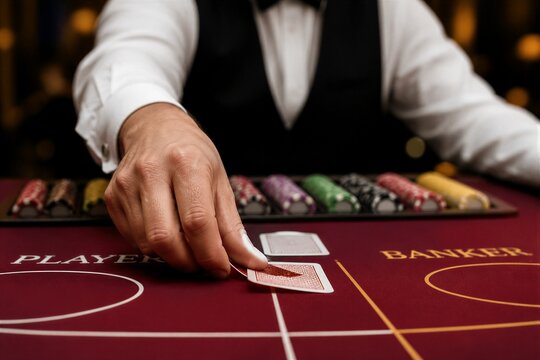 A dealer places a card on the table during a game of baccarat in a casino. Colorful chips are arranged nearby. The scene is active with players focused on the outcome.