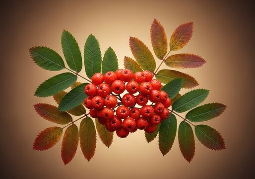 Vibrant cluster of ripe rowan berries and green leaves showcasing the striking colors of late summer and early autumn nature, ready for harvest, natural, leaves, foliage