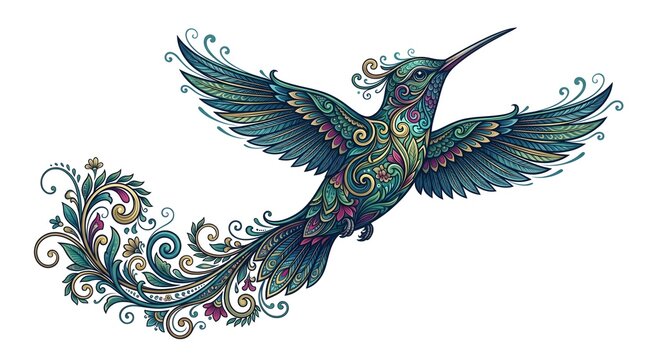 colorful hummingbird, ornate bird, floral design, decorative illustration, vibrant wildlife art